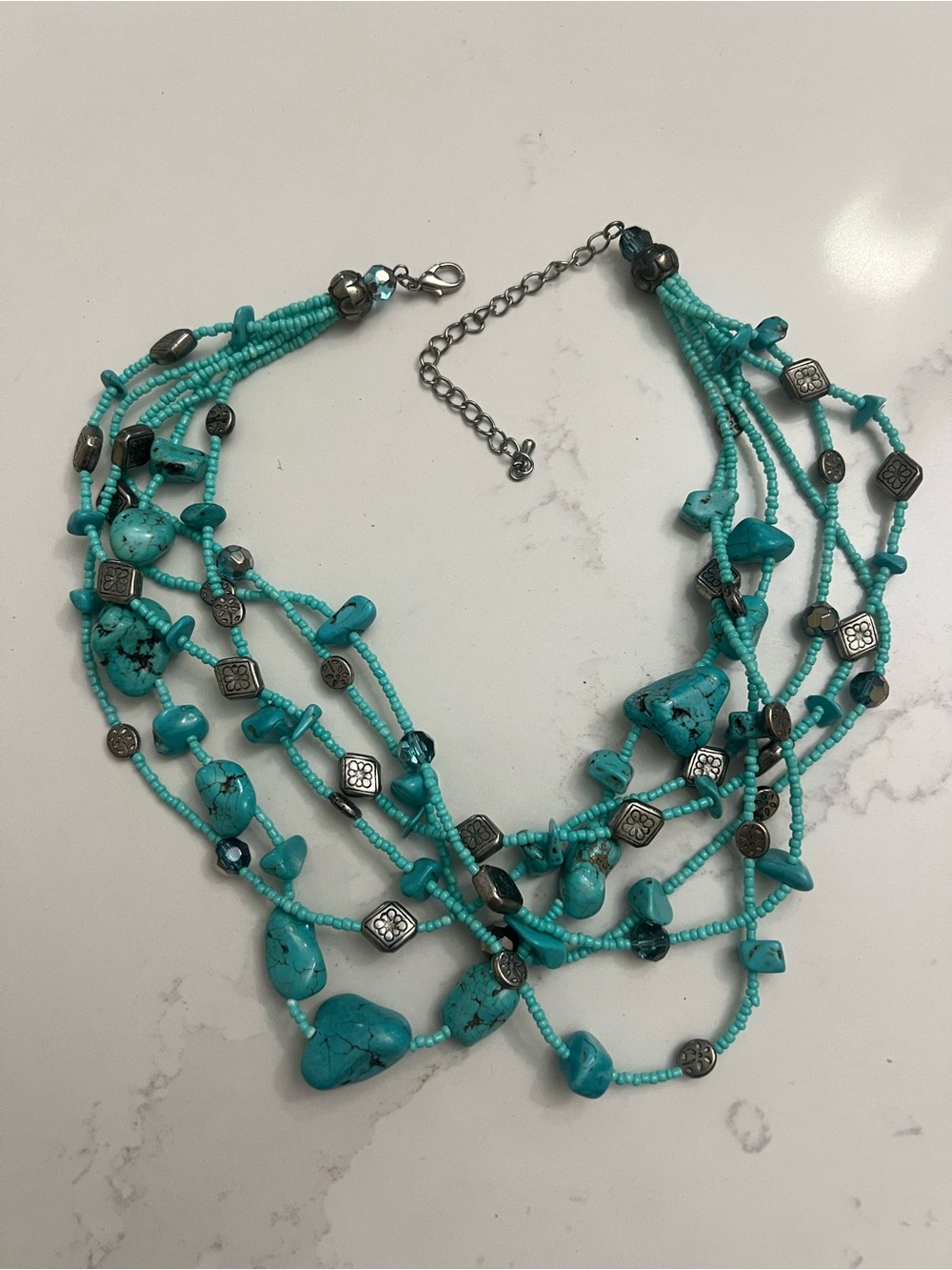 Vtg. Multi-Strand Layered Turquoise Nugget & Crystal Beaded Necklace Silver Tone